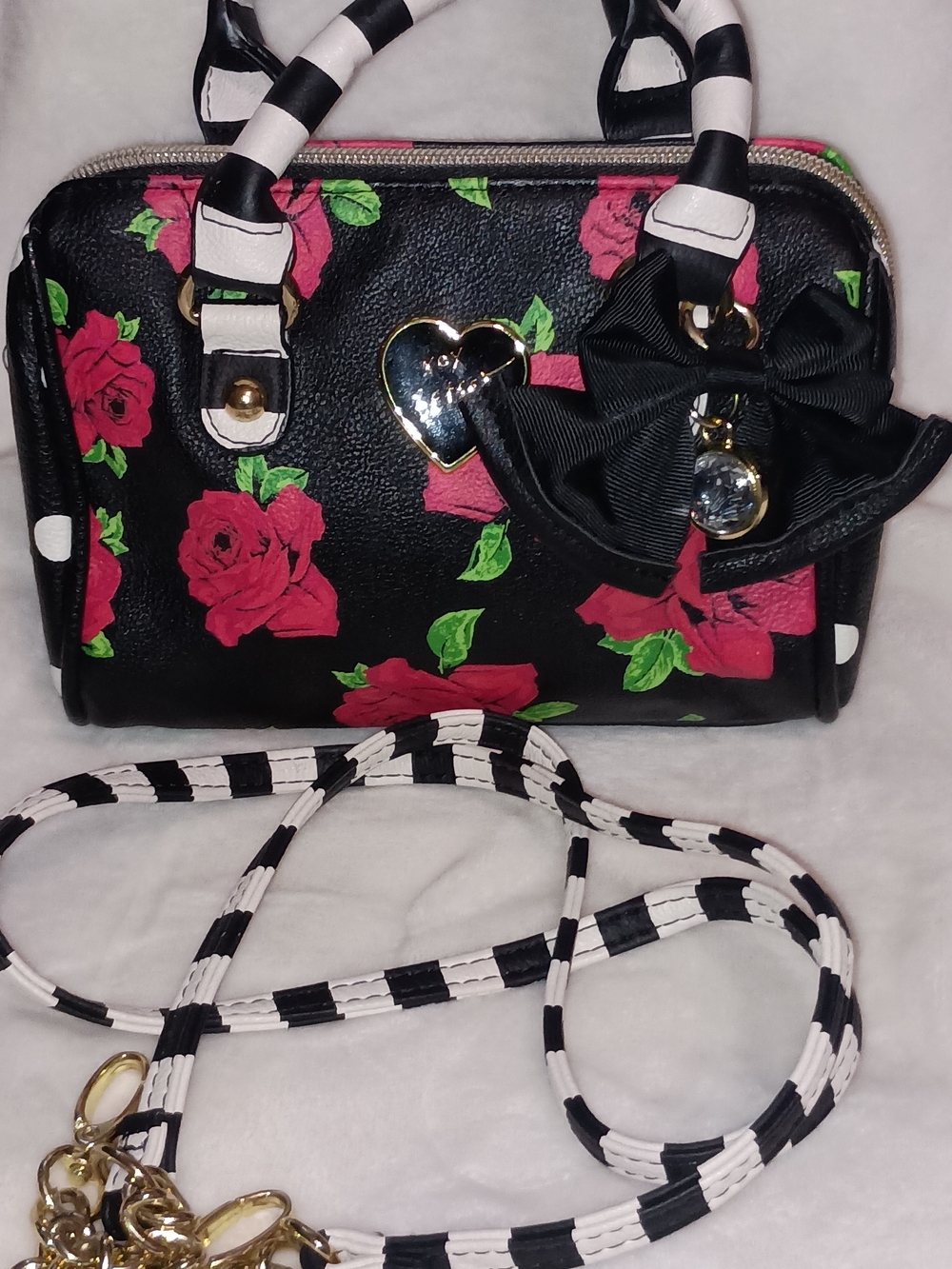 VINTAGE Betsey Johnson Black Crossbody with Pink Rose Print and Striped Strap